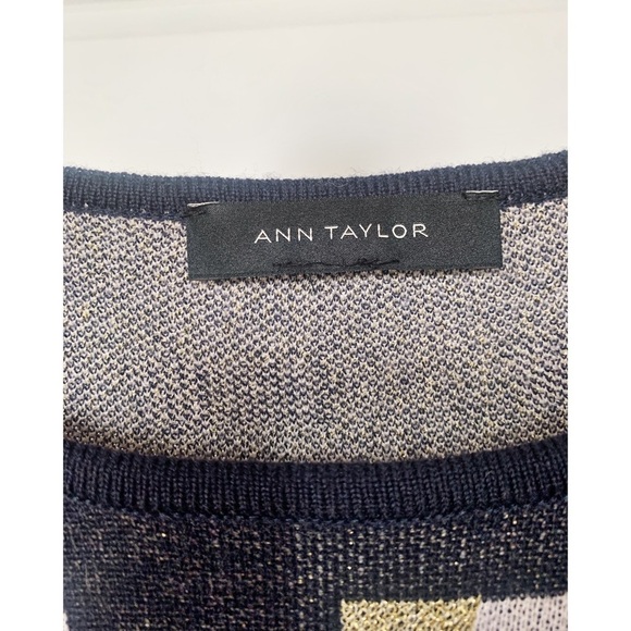 Ann Taylor Lattice Wool Knit Navy Gold Metallic Festive Holiday Sweater XS - Picture 4 of 8